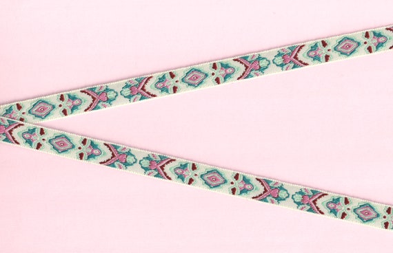 NATIVE AMERICAN B-20-B Jacquard Ribbon Polyester Trim 1/2" wide (13mm) Cream Background w/Pink, Teal, Mint & Burgundy Native Design