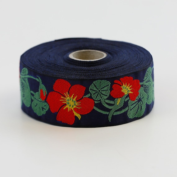 KAFKA G-03/07 Jacquard Ribbon Woven Organic Cotton Trim 1-1/4" wide (32mm) Blue w/Red Nasturtiums, Yellow Accents, Green Leaves