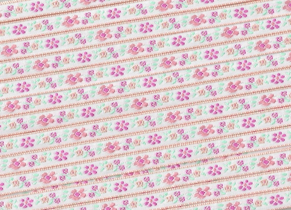 FLORAL A-13-D Jacquard Ribbon Poly Trim 5/16" wide, White Background w/Peach Border, Pink & Peach Flowers, Aqua Leaves