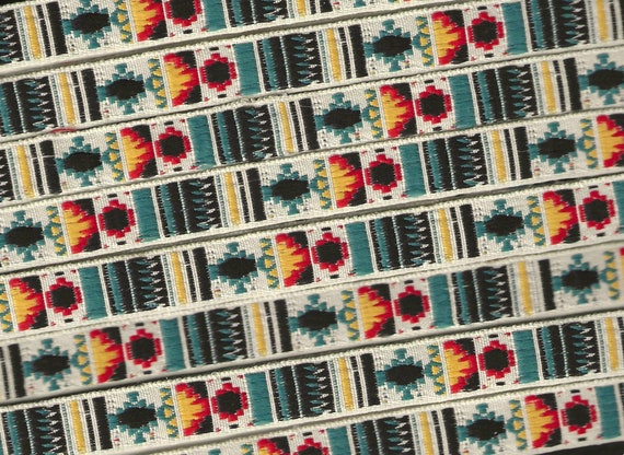 NATIVE AMERICAN B-35-A Jacquard Ribbon Cotton Trim 1/2" wide (13mm) VINTAGE Ivory Background w/Red, Yellow, Blue, Teal & Black Design