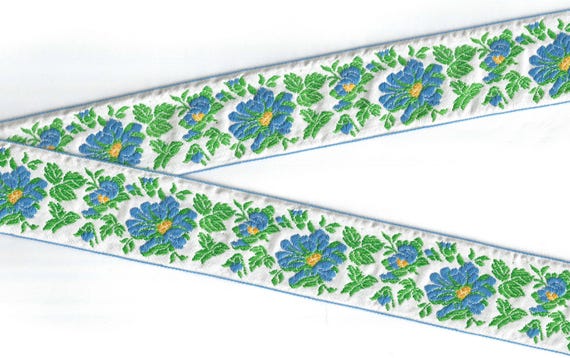FLORAL J-22-E Jacquard Ribbon Cotton Trim 1-5/8" wide (48mm) VINTAGE, White w/Large Blue Flowers