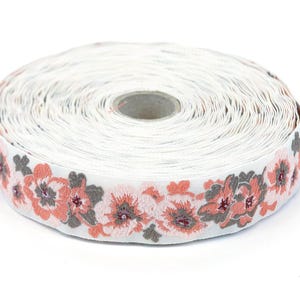 KAFKA F-17/03 Jacquard Ribbon Woven Organic Cotton Trim 1&quot; wide (25mm) Ivory Background w/Pink, Apricot, Taupe & Burgundy Flowers, Victorian