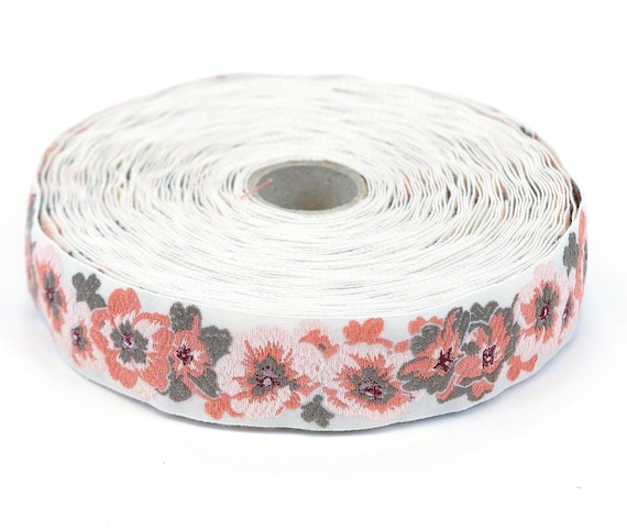 KAFKA F-17/03 Jacquard Ribbon Woven Organic Cotton Trim 1" wide (25mm) Ivory Background w/Pink, Apricot, Taupe & Burgundy Flowers, Victorian