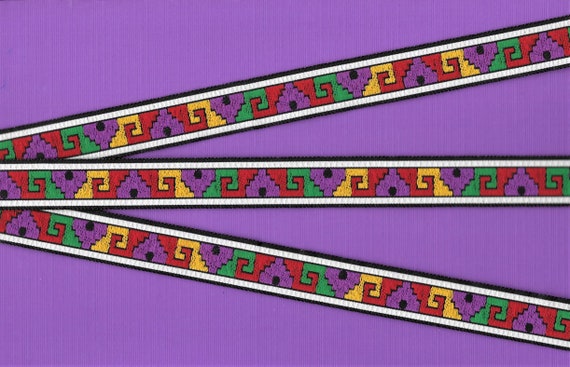 GEOMETRIC C-23-A Jacquard Ribbon Poly Trim 5/8" wide (16mm) Purple, Red, Yellow, Green Blocks