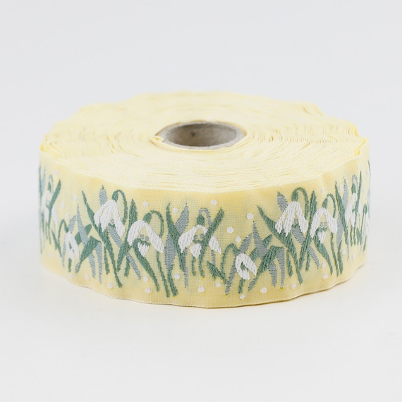 KAFKA G-01/14 Jacquard Ribbon Woven Organic Cotton Trim 1-1/4" wide (32mm) Yellow w/White Snowdrops w/Spring Green & Gray Leaves