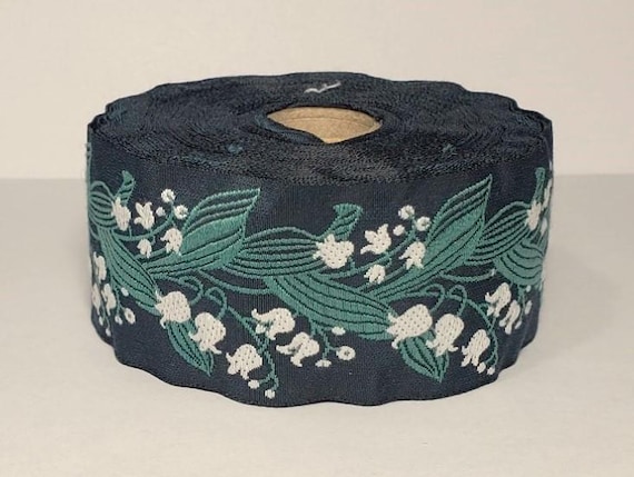 KAFKA H-02/06 Jacquard Ribbon Woven Organic Cotton Trim 1-1/2" wide (38mm) Teal Gray w/White Lilies of the Valley, Green Leaves