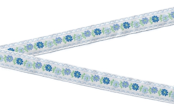FLORAL D-16-D Jacquard Ribbon Cotton Trim 3/4" wide (20mm) VINTAGE, White Variegated Blue Flowers
