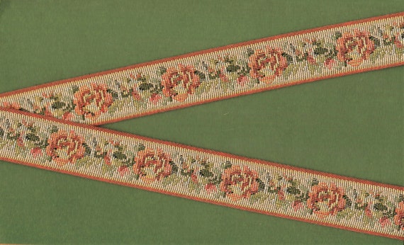 FLORAL TAPESTRY F-21-F Jacquard Ribbon Trim Cotton Trim 1-1/8" wide (28mm) "Petit Point" Design in Beige, Orange, Peach & Olive Green