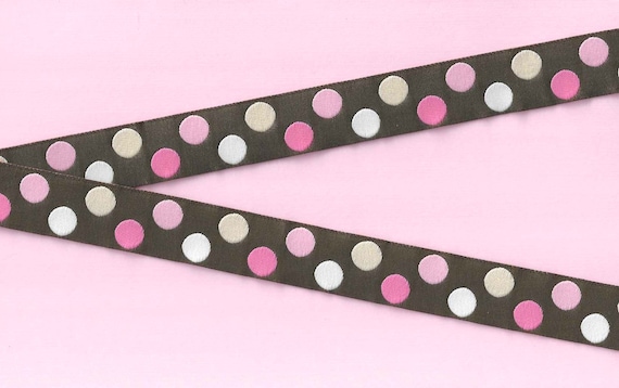 POLKA DOTS E-23-A Jacquard Ribbon Polyester Trim 7/8" wide (22mm) Brown Background w/White, Ivory, Pale Pink & Rosy Pink Dots