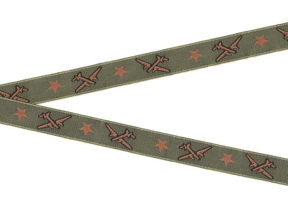 NOVELTY C-01-B Jacquard Ribbon Polyester Trim 5/8" wide (16mm) Olive Green Background w/Caramel Brown Airplanes & Stars, Black Accents