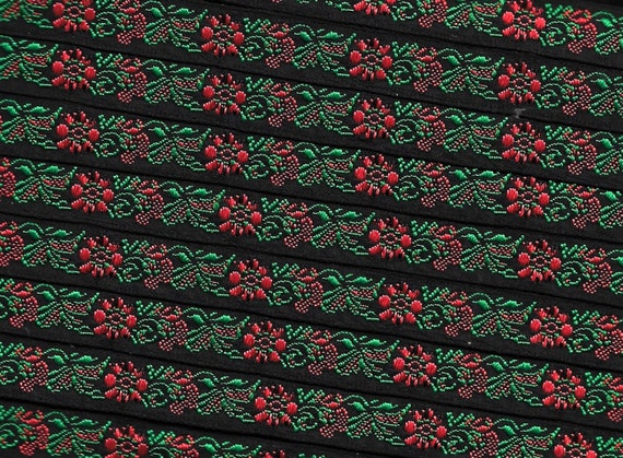 FLORAL A-24-B Jacquard Ribbon Woven Polyester Trim 1/2" wide (13mm) Black Background with Red Flowers, Green Leaves & Accents, Per Yard