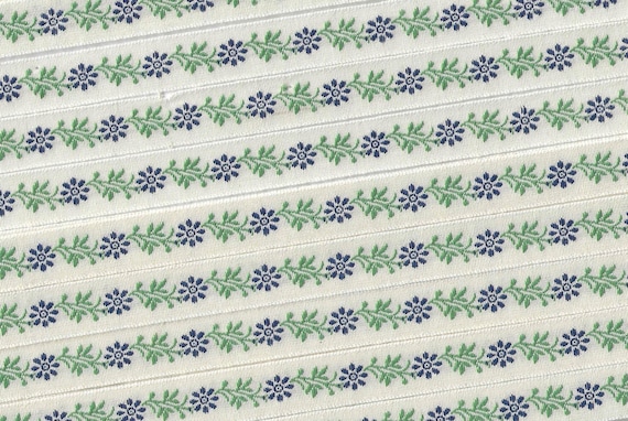 KAFKA A-02/14 Jacquard Ribbon Woven Organic Cotton Trim 7/16" wide (10mm) Beige w/Dark Blue Flowers, Green Leaves