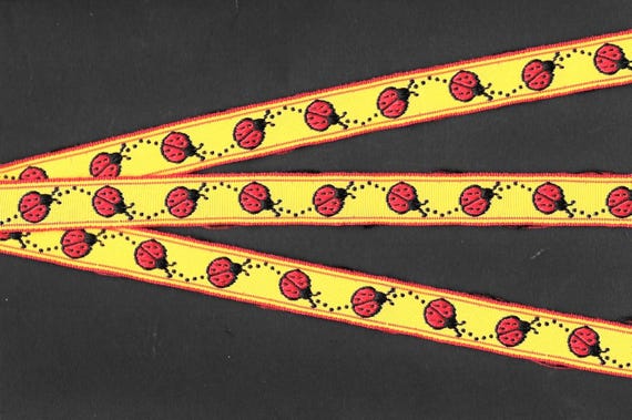 INSECTS C-05-B Jacquard Ribbon Polyester Trim 5/8" wide (16mm) VINTAGE Yellow Background w/Red & Black Ladybugs, REMNANTS