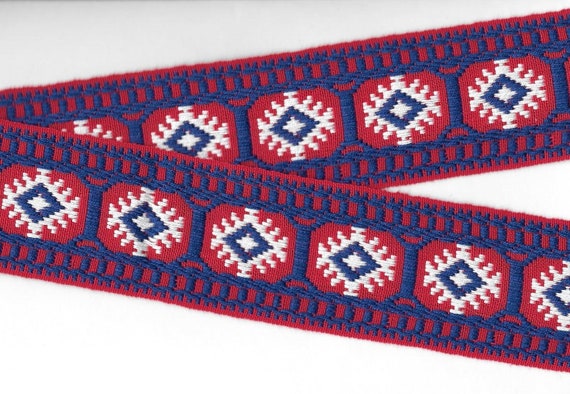 NATIVE AMERICAN K-14-B Jacquard Ribbon Cotton Trim 2" Wide (50mm) Red Background Blue Borders White & Blue Diamond Tribal Design, Per Yard