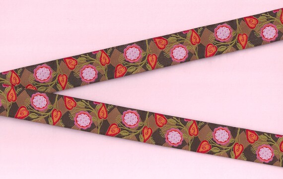 FLORAL E-31-B Jacquard Ribbon Polyester Trim 7/8" wide (22mm) Brown Background w/Pink Flowers, Orange Leaves & Olive Stems, Per Yard