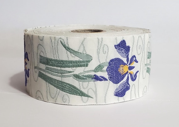 KAFKA H-10/15 Jacquard Ribbon Woven Organic Cotton Trim 1-5/8" wide (40mm) Ivory Background w/Violet Irises, Green Leaves/Stems