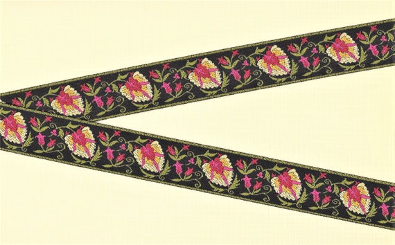 FLORAL F-02-E Jacquard Ribbon Poly Trim 1" wide (25mm) VINTAGE LFNT "Palmette" Black w/Cream, Yellow, Pink, Rose & Olive Flora