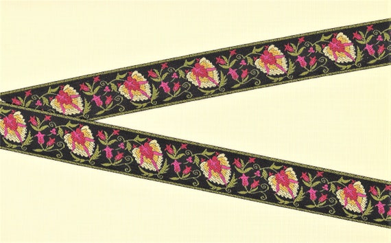 FLORAL F-02-E Jacquard Ribbon Poly Trim 1" wide (25mm) VINTAGE LFNT "Palmette" Black w/Cream, Yellow, Pink, Rose & Olive Flora