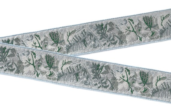 FLORAL TAPESTRY H-03-B Jacquard Ribbon Woven Cotton Trim 1-1/2" wide (38mm) VINTAGE, Rare Autumn Leaves in Muted Shades of Blue & Gray