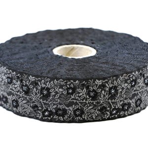 KAFKA F-02/15 Jacquard Ribbon Woven Organic Cotton Trim 1&quot; wide (25mm) Black w/Black Wild Roses, Iridescent Accents & Gray Leaves/Vines