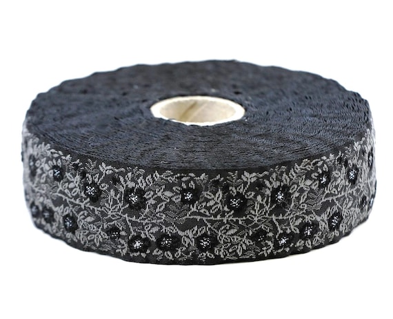 KAFKA F-02/15 Jacquard Ribbon Woven Organic Cotton Trim 1" wide (25mm) Black w/Black Wild Roses, Iridescent Accents & Gray Leaves/Vines