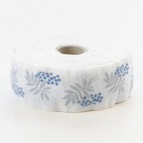 KAFKA G-05/01 Jacquard Ribbon Woven Organic Cotton Trim 1-1/4" wide (32mm) White w/Blueberries, Gray & Lt Blue Leaves