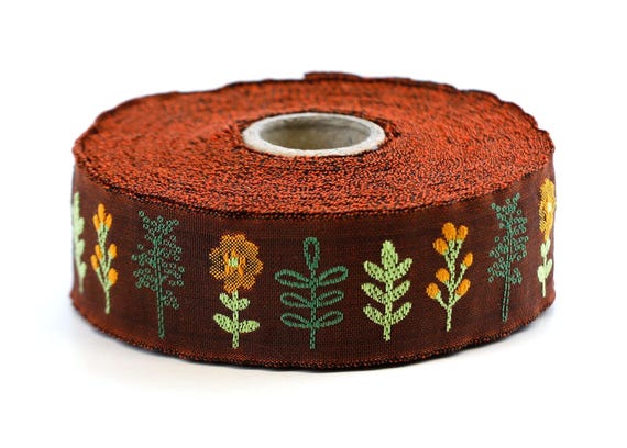 KAFKA F-12/04 Jacquard Ribbon Organic Cotton Trim 1" wide (25mm) Brown (Copper) w/Orange & Green Flowers