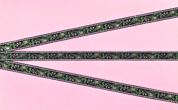 FLORAL A-35-A Jacquard Ribbon Rayon Trim, 7/16" wide Black Background w/Pink Buds & Flowers, Green Leaves and Scroll Vines