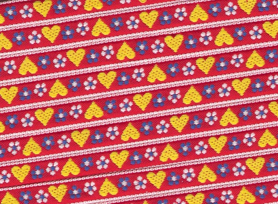 HEARTS/FLOWERS A-05-B Jacquard Ribbon Cotton/Poly Trim 7/16" Wide (10mm) Red Background w/Yellow Hearts, Blue & White Daisies