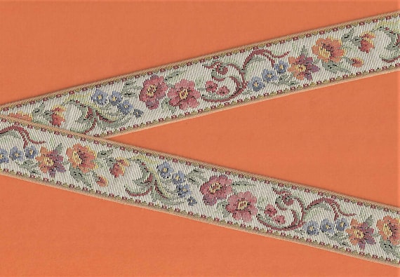 FLORAL TAPESTRY H-09-B Jacquard Ribbon Cotton Trim, 1-1/2" Wide (38mm) "Petit Point" Beige w/Shades of Autumn Flowers Green Leaves