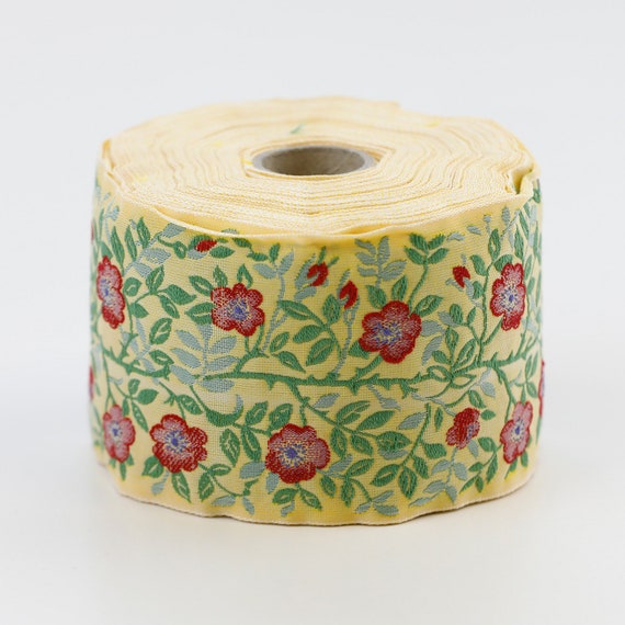 KAFKA L-01/17 Jacquard Ribbon Woven Organic Cotton Trim 2-3/8" wide (60mm) Yellow w/Red & Blue Wild Roses, 2-Tone Green Leaves