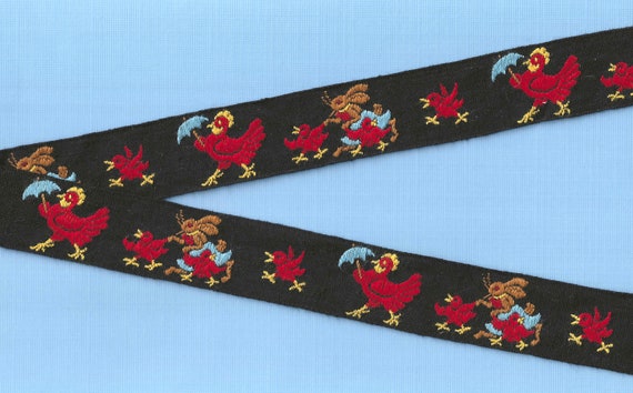 CHILDREN's Fairy Tales F-03-A Jacquard Ribbon Cotton Woven Trim 1" Wide (25mm) VINTAGE, Black Background w/Red Hen, Rabbit w/Red Chicks