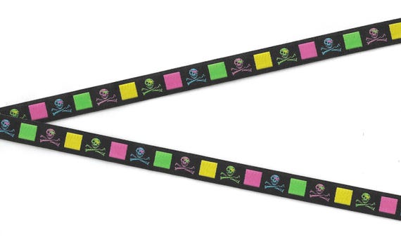 NOVELTY/Skulls B-04-A Jacquard Ribbon Poly Trim 1/2" wide (13mm) Neon Blocks with Skulls & Crossbones