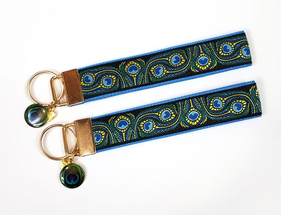 FLORAL (Peacock Feathers on Blue) Jacquard Ribbon/Nylon Web 1" wide (25mm) 5.5" long Key Fob w/Charms