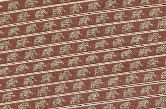 ANIMALS/Wildlife A-01-C Jacquard Ribbon Poly Trim 3/8" wide (9mm) VINTAGE Made in France Tan Elephants Brown Accents on Rust Brown