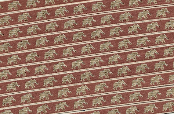 ANIMALS/Wildlife A-01-C Jacquard Ribbon Poly Trim 3/8" wide (9mm) VINTAGE Made in France Tan Elephants Brown Accents on Rust Brown