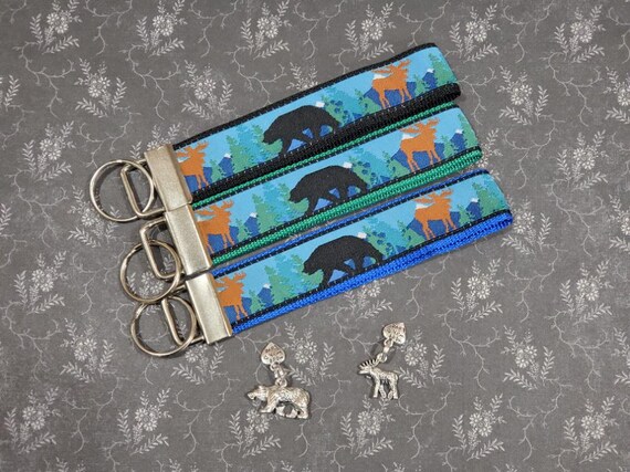 Jacquard Ribbon/Nylon Web 1" wide (25mm) Key Fobs, Black Bear/Brown Moose w/Charms, Keychain, Wristlet, Luggage Tags 5.5" long, Zipper Pulls