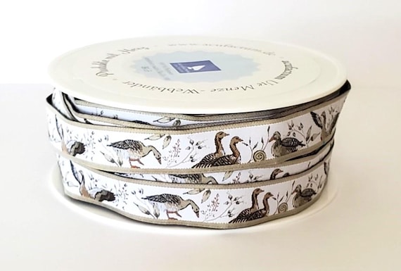 SOPHIA DRESCHER Birds Jacquard Ribbon Woven Trim 5/8" wide (16mm) From Germany, White Background w/Gray Geese Amongst the Grasses