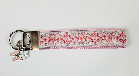 FLORAL (Pink & Silver Scrolls)) Jacquard Ribbon/Nylon Web 1" wide (25mm) 5.5" long Key Fob w/Charms