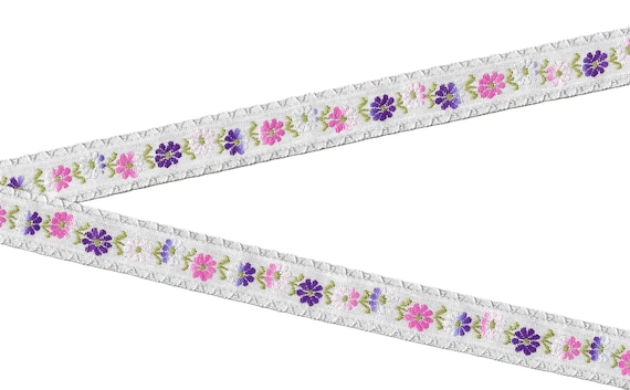 FLORAL D-17-C Jacquard Ribbon Cotton Trim 3/4" wide (20mm) VINTAGE, White w/Variegated Pink, Lilac & Purple