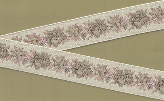 FLORAL TAPESTRY K-03-E Jacquard Ribbon Cotton Trim 1-7/8" Wide (48mm) VINTAGE "Petit-Point" Cream w/Beige & Tan Flowers Rose Leaves Per Yard