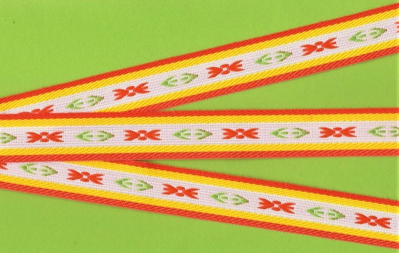 NATIVE AMERICAN F-01-A Jacquard Ribbon Poly Trim, 1" Wide (25mm) White Background w/Orange & Yellow Borders, Orange/Green Accents