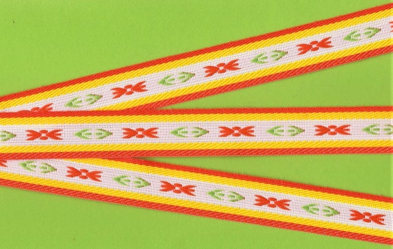 NATIVE AMERICAN F-01-A Jacquard Ribbon Poly Trim, 1" Wide (25mm) White Background w/Orange & Yellow Borders, Orange/Green Accents, Per Yard