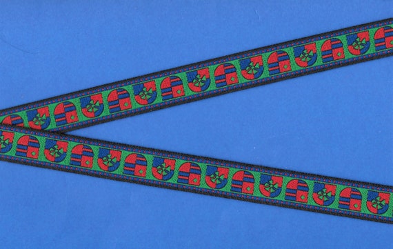 CHILDREN's Fairy Tales D-02-A Jacquard Ribbon Poly Trim, 3/4" Wide (20mm) Navy Blue w/Red & Green "Shields" Emblem Coat of Arms, 1yd REMNANT