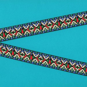 NATIVE AMERICAN D-14-D Jacquard Ribbon Poly Trim, 3/4" Wide (20mm) Black w/Blue Borders, Red/Green/White & Teal Diamond Pattern