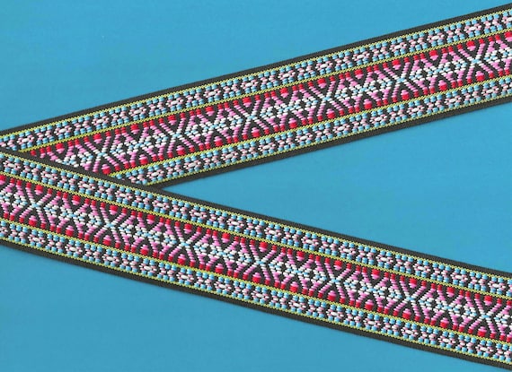 NATIVE AMERICAN K-06-F Jacquard Ribbon Polyester Trim, 2" Wide (50mm) REVERSIBLE, Black, Blue, Red, Peach, Pink & White Accents, Per Yard