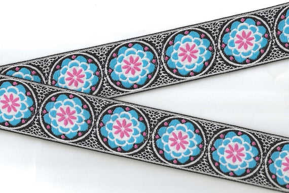 FLORAL K-11-H Jacquard Ribbon Cotton/Poly Trim 1-7/8" wide (48mm) VINTAGE Black/White Background w/Turquoise Blue, White & Pink Accents