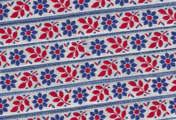 FLORAL C-24-B Jacquard Ribbon Cotton Trim 5/8" wide (16mm) White w/Blue Flowers, Red Leaves