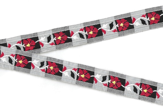 FLORAL F-10-A Jacquard Ribbon Cotton Trim 1" wide (25mm) Black & White Block Background w/Large Red Flowers, Yellow Accents, White Vines