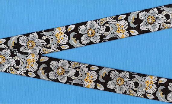FLORAL G-86-A Jacquard Ribbon Poly Trim 1-1/8" wide (28mm) D. Paquette, "Chic Brown" Brown w/Blue/Lt Beige Flowers, Yellow Accents, REMNANTS